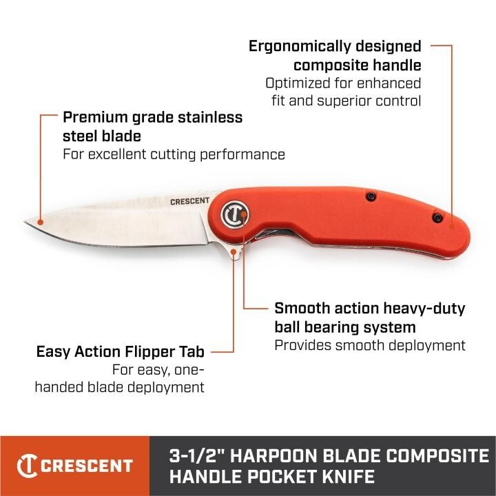 Crescent 3-1/2 Inch Harpoon Blade - Composite Handle - Orange - Folding Knife