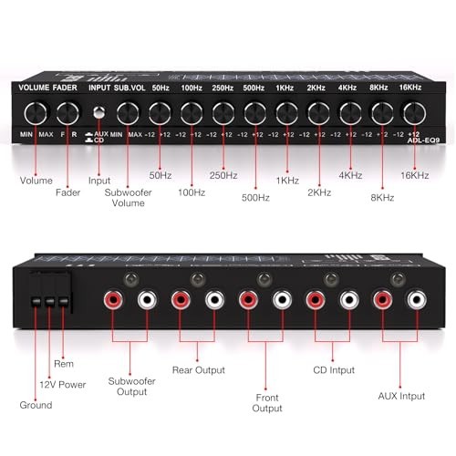 9 Band Car Audio Equalizer - Adjustable EQ with Front, Rear & Sub Outputs, 8V RM