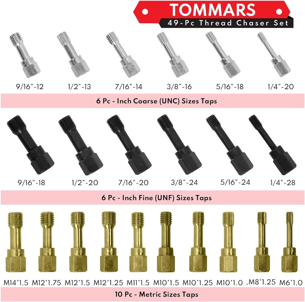 TOMMARS 49-Piece Thread Chaser Set, UNC UNF & Metric Set
