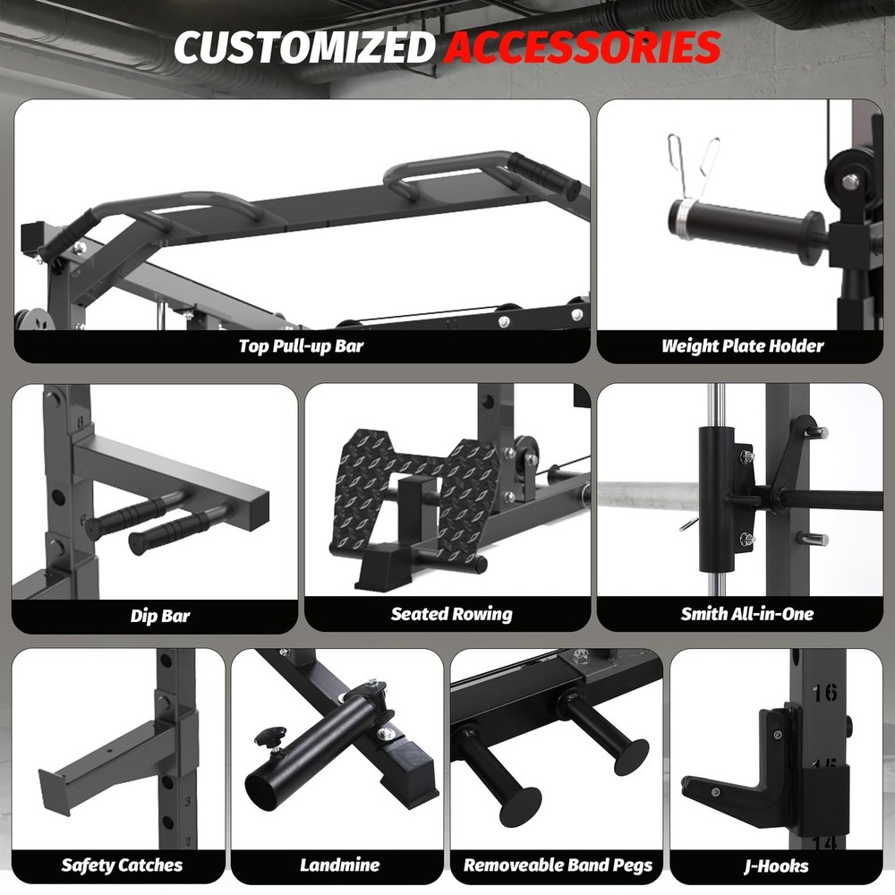 Smith Machine Power Cage with Pulley System LAT Pulldown Squat Rack for Home Gym