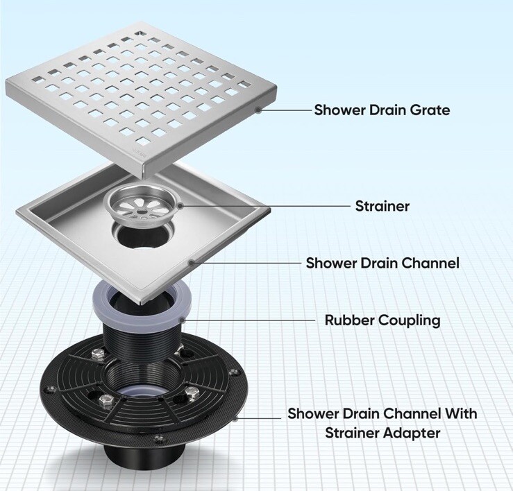 4.33'' Square Floor Shower Drain, Lattice Square Perforated Pattern Brushed Stai