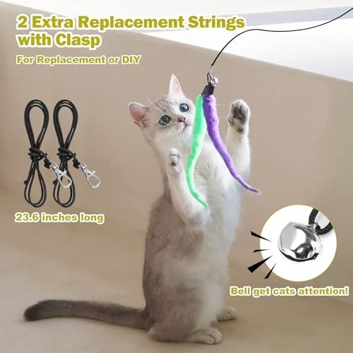 Interactive Cat Toy Set - 2 Retractable Wands & 9 Feather Refills for Indoor Cat