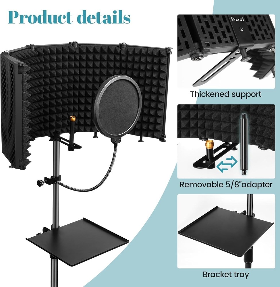 Microphone Stand with Isolation Shield Pop Filter Foldable for Studio Recording