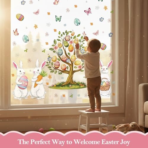 136 Pcs Easter Window Clings for Glass Windows - Double-Sided Easter 8 Sheets