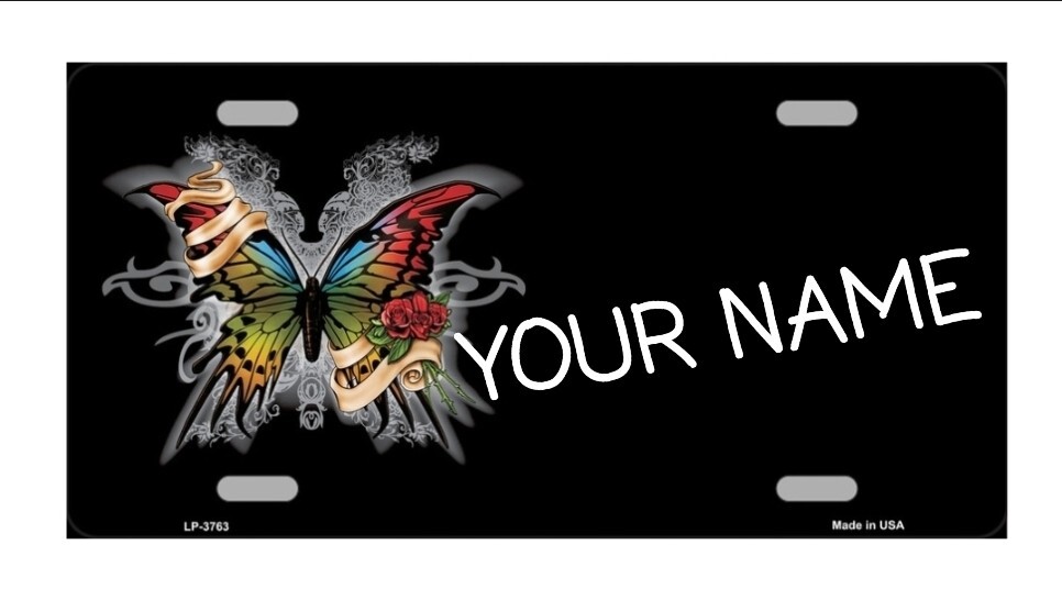BLACK TAG / BUTTERFLY METAL AUTO TAG LICENSE PLATE CUSTOM PERSONALIZED