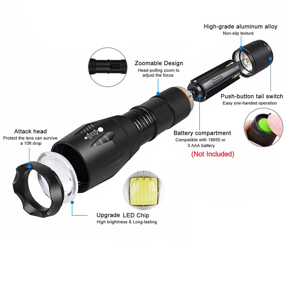 Super-Bright 90000LM Lamp LED Tactical Flashlight 5 Modes Zoomable Torch Light
