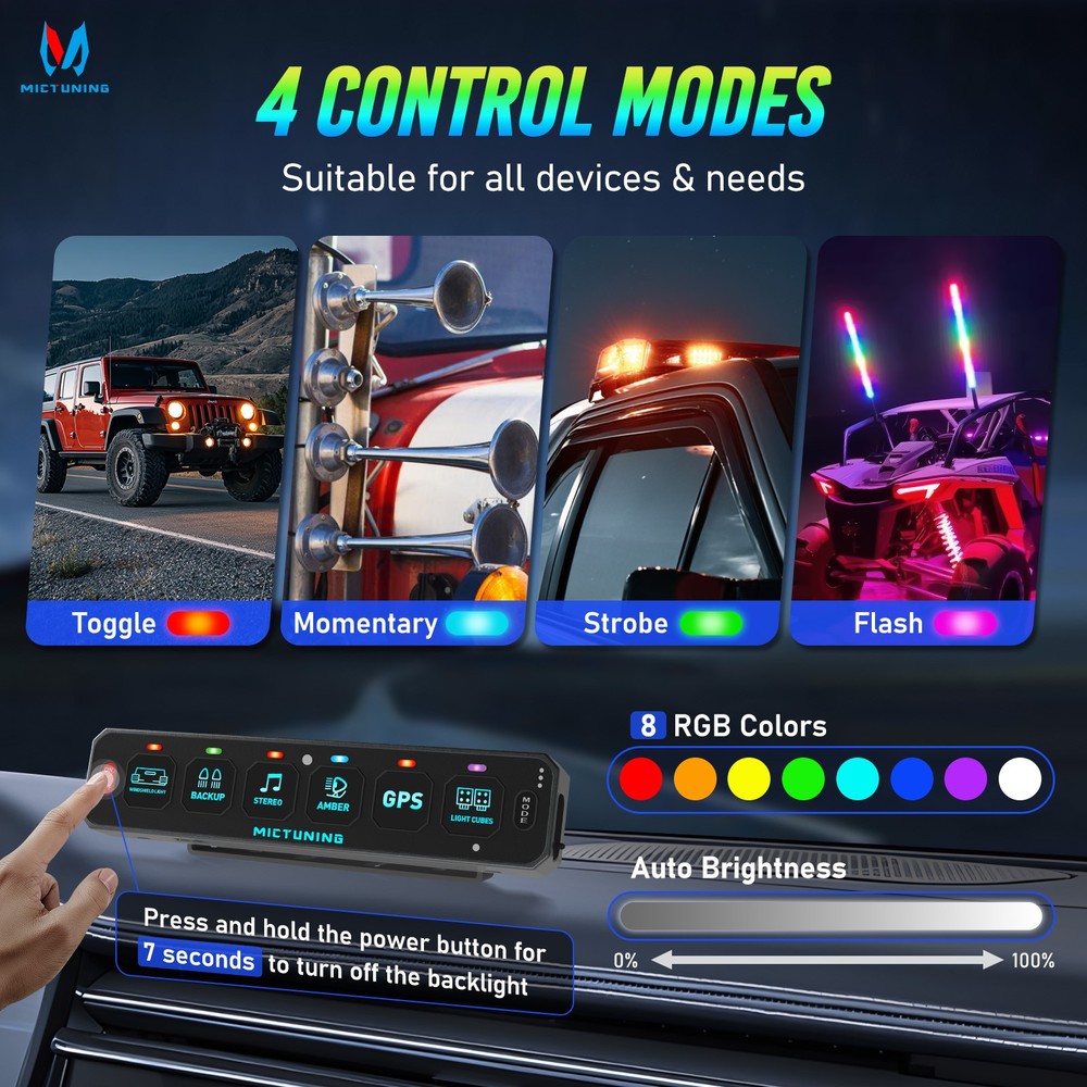 MICTUNING RGB Wireless 6 Gang Switch Panel Toggle Momentary Control System Box