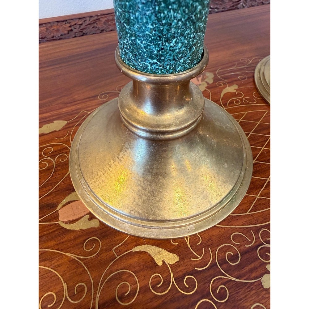 Vintage Brass & Green Candleholders – 7.5" Pair