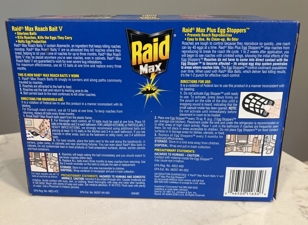 RAID Small Roach Bait Double Control - 36 Baits PLUS 9 Egg Stoppers Lot Of 3 Box