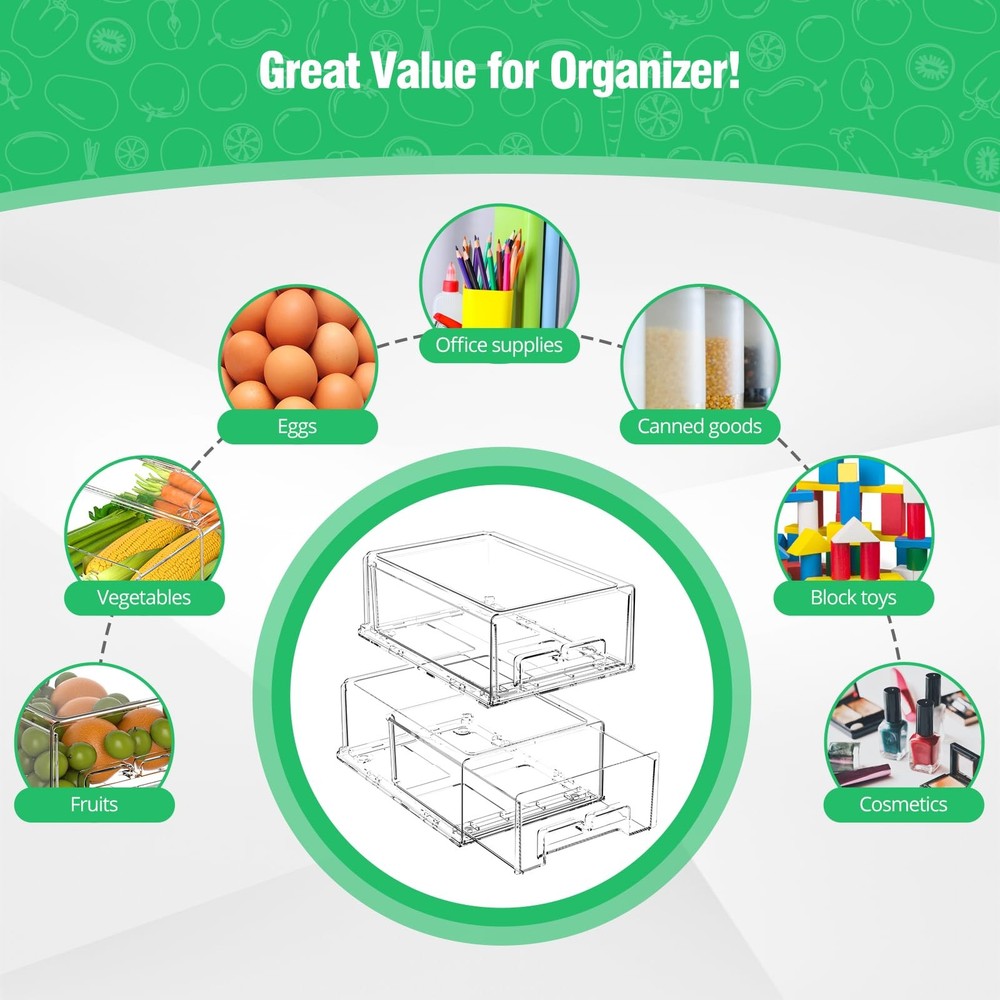 2 Pack Refrigerator Drawers - Fridge Organizer Bins Stackable Storage Drawers...