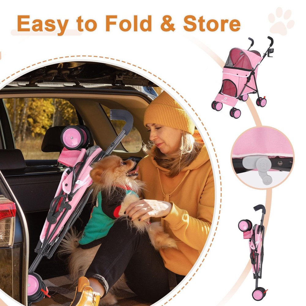 Umbrella Dog Stroller, 4 Wheels Pet Strolling, Foldable Carrier Pet Stroller ...