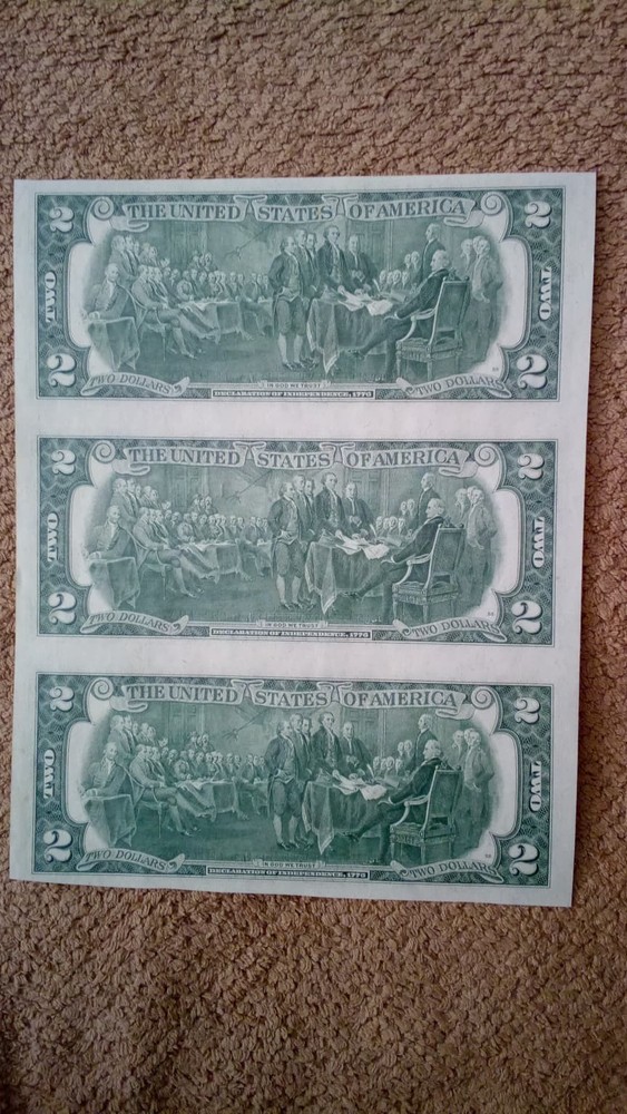 1976 $2 TWO DOLLAR THREE UNCUT STAR LOW NUMBER NOTES SHEET,SAN FRANCISCO-ISSUED