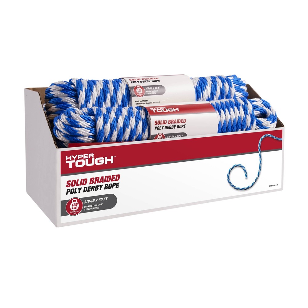 Polypropylene Solid Braid Rope, Blue and White, 3/8" x 50', 1 Each