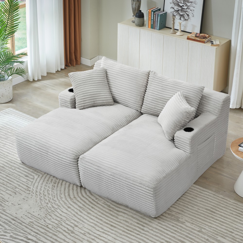 Light Gray Corduroy Compressible Double Chaise Sleeper Sofa with Cup Holders