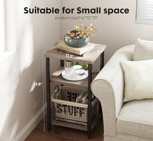 End Table 3-Tier, Small Side Table Nightstand with Storage 1-Pack Modern Grey