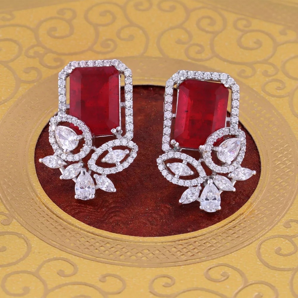 2Ct Simulated Red Ruby 14K White Gold Plated Emerald Cut Women's Stud Earring