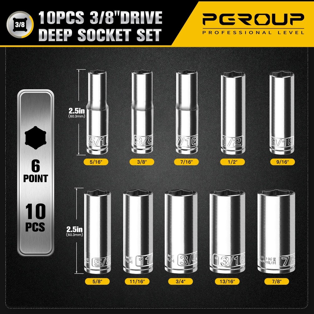PGROUP 10PCS 3/8” Drive Deep Socket Set, SAE 3/8" (5/16"-7/8")