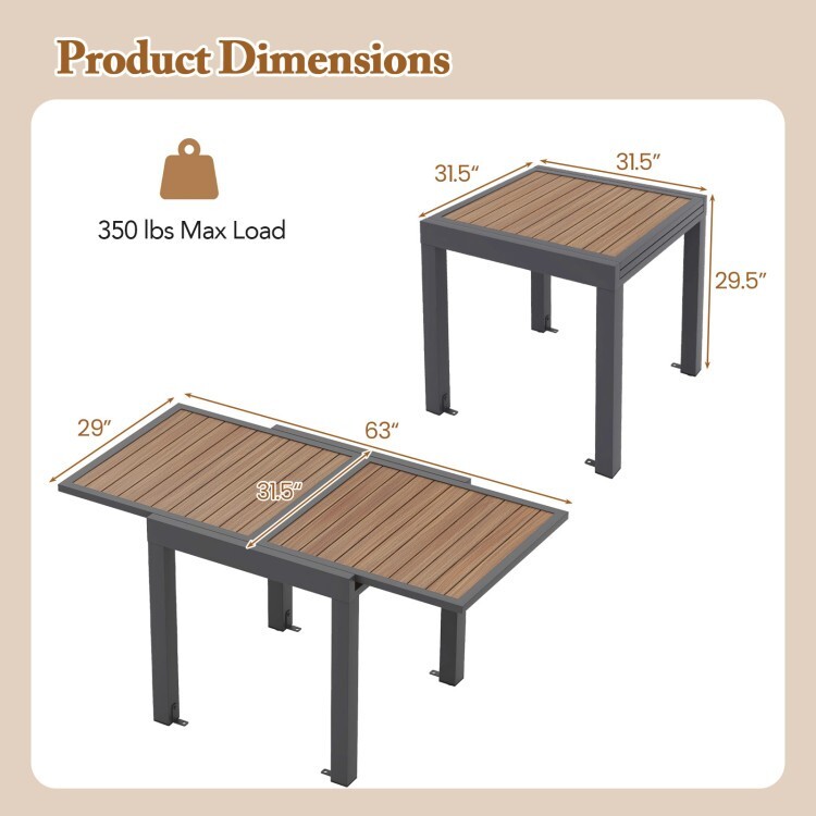 31.5-63" Patio Outdoor Dining Table Rectangular Extendable Table for 4-6 People