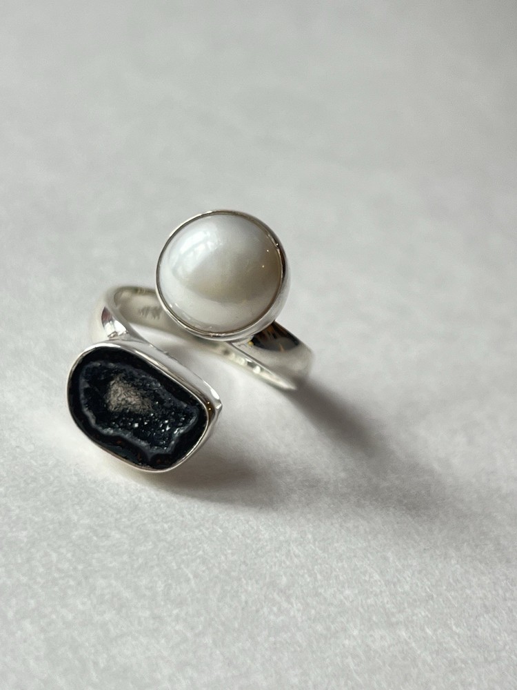 Pearl & Geode Adjustable Ring 925 Sterling Silver Size 7