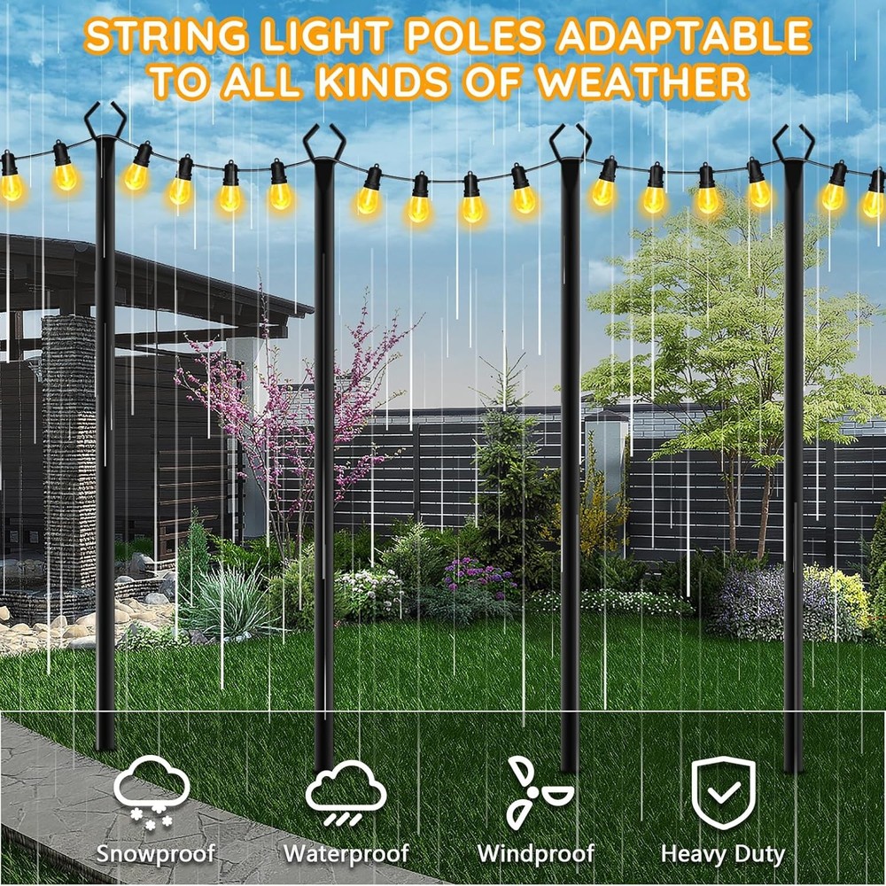 6 Pack String Light Poles, Outdoor Pole 10ft 6 Pack, Black