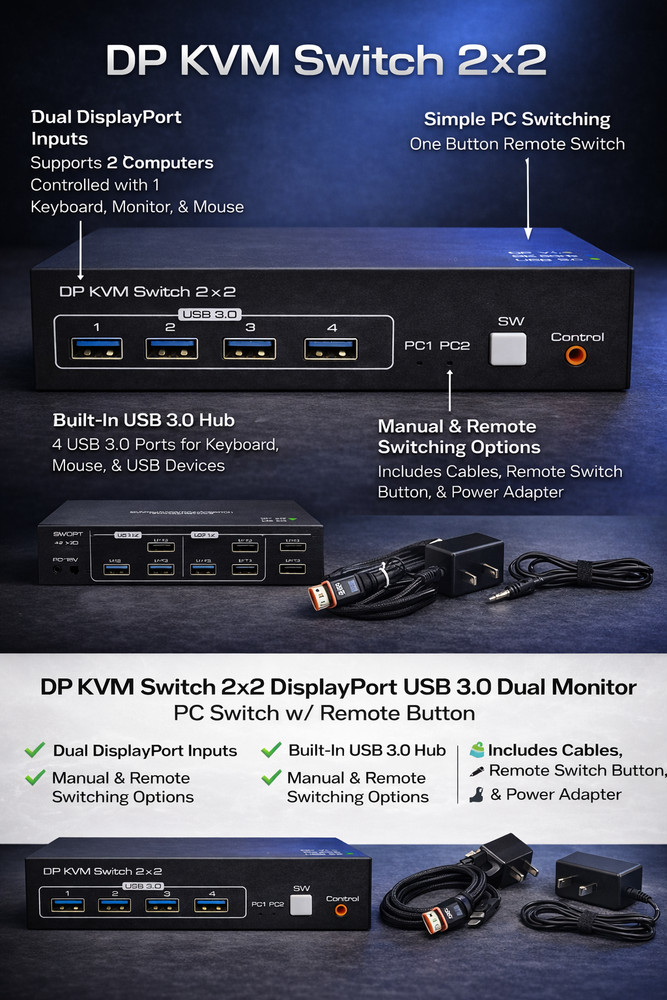 DP KVM Switch 2x2 DisplayPort + USB 3.0 {Remote Switch Button DP Cable Included}