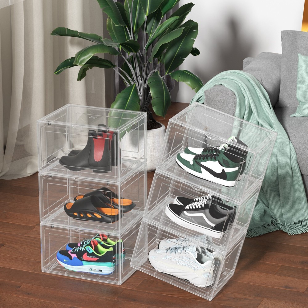 Large 6 Pack Plastic Stackable Shoe Organizer with Magnetic Door, Clear