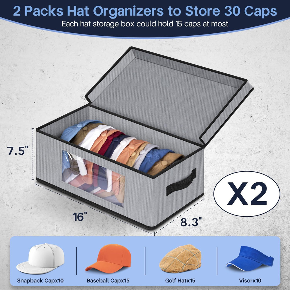 Stackable Hat Organzier Baseball Caps Storage Boxes Container Hold 30 Caps 2 PCS
