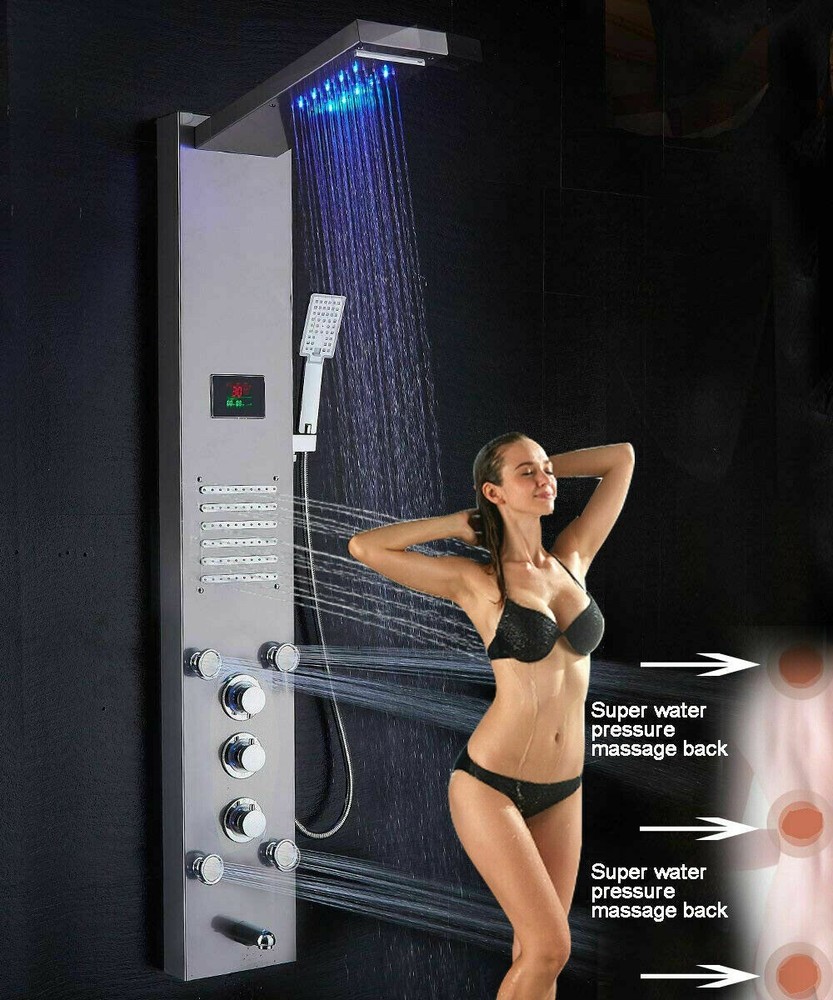Shower Panel Tower System Brushed LED Rainfall Waterfall Massage Jets Body Tap