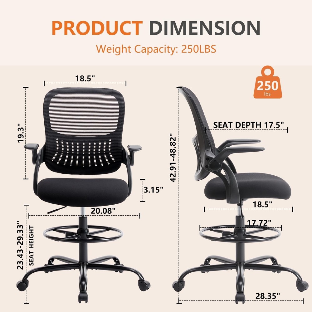 Sweetcrispy Tall Drafting Desk Chair - Ergonomic High Stool Computer with Adj...