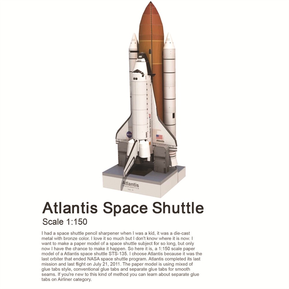 1/150 Space Shuttle Atlantis Paper Model Handmade Space Rocket Craft Unassembled