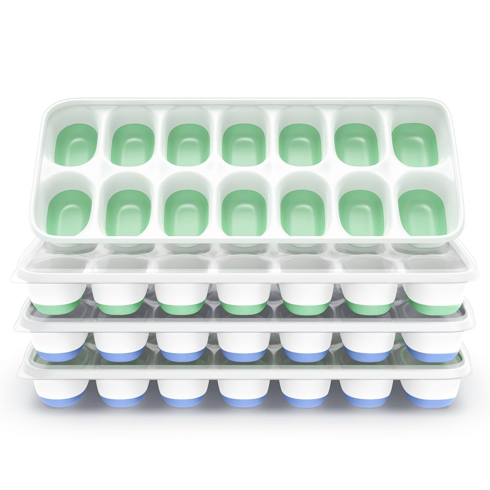 ChefAide Ice Cube Tray with Lid, 4 Pack, Mint+Space Blue 4 Pack