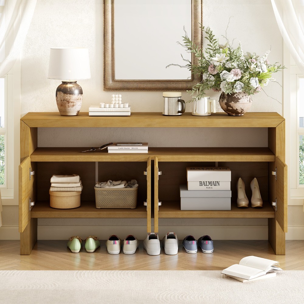 60" Modern Minimalist Solid Wood Veneer Sideboard (4 Doors+Open Shelf, Natural