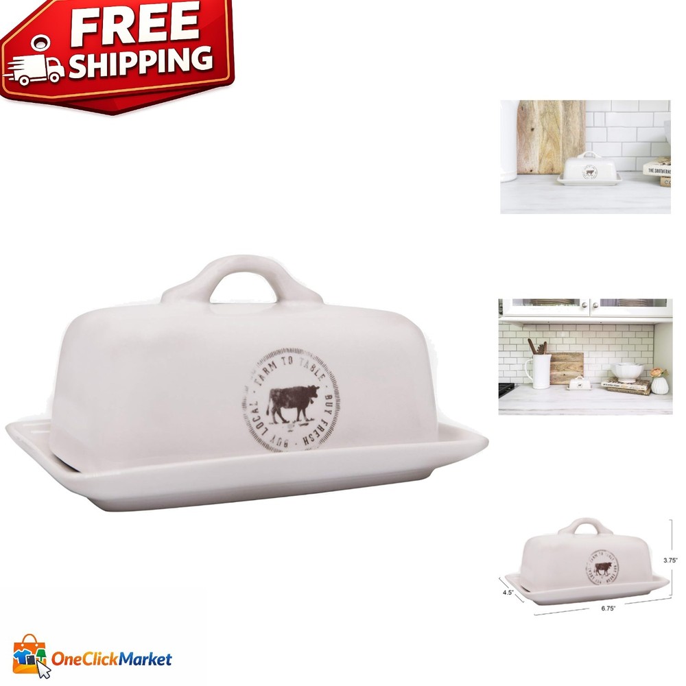 Polished Stoneware Butter Dish with Cow Illustration - Perfect for Any Kitchen