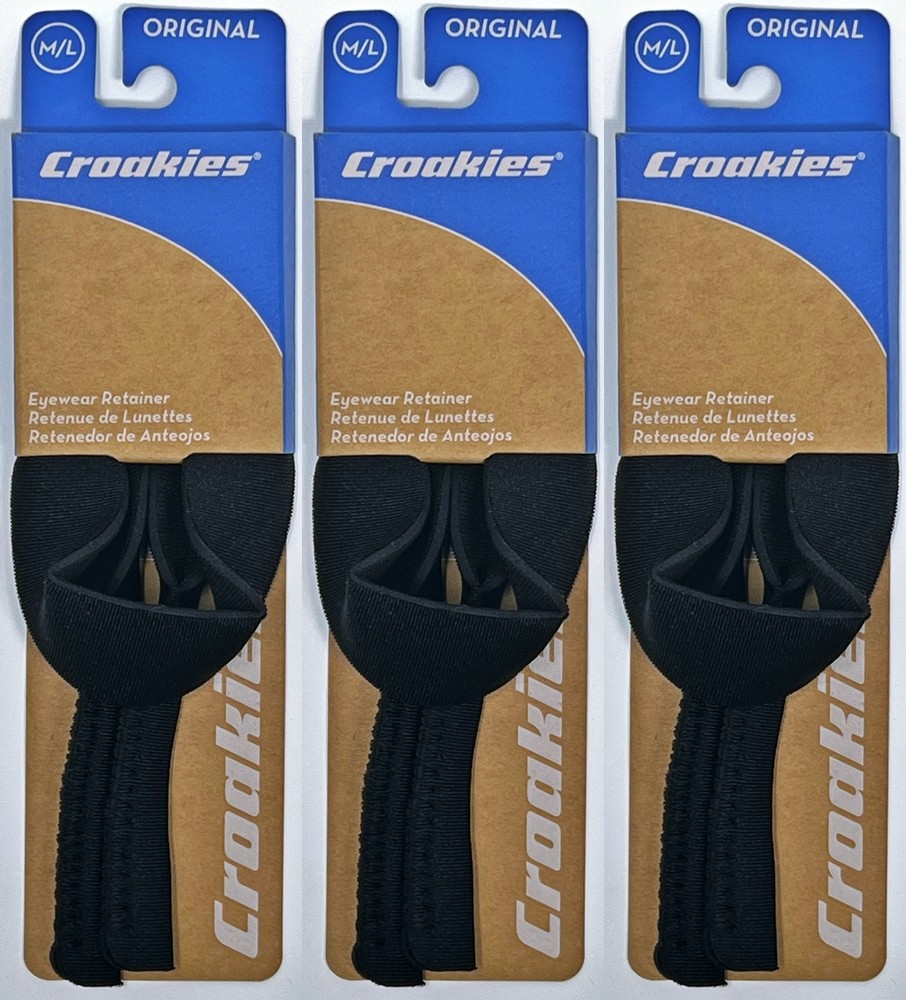 Croakies Original Solid Eyewear Retainer, M/L 11-17mm - Black (3-Pack)