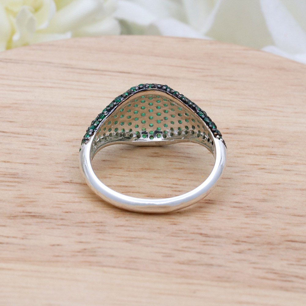 925 Sterling Silver Lab Created Emerald Pave Ring, Dome Statement Ring for Women