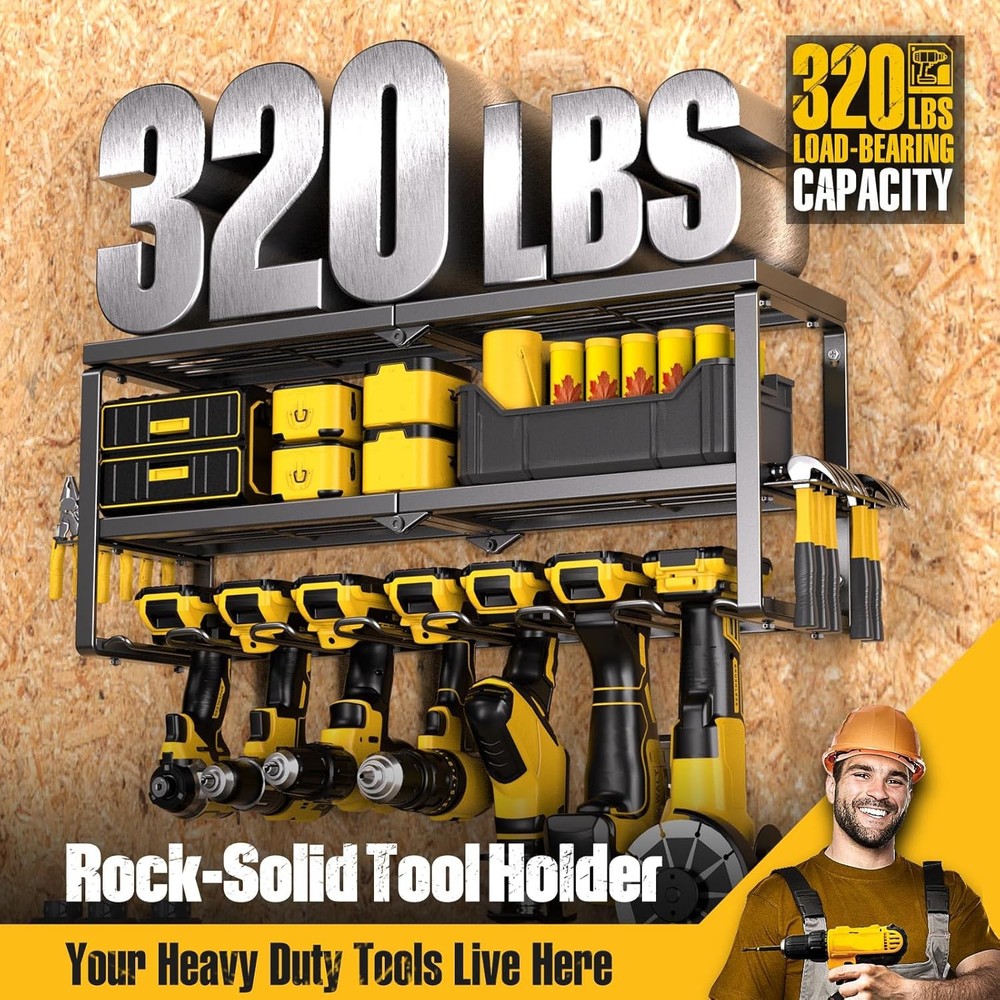 Power Tool Organizer Wall Mount - 300Lbs Load 3 Layers Storage Rack with 7 Drill
