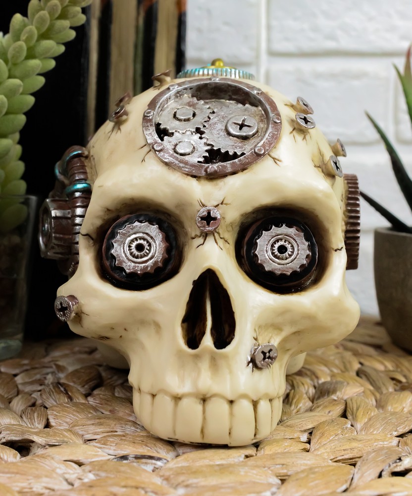 Ebros Steampunk Terminator Skull Figurine Cybernetic Clockwork Robotic Gearwork