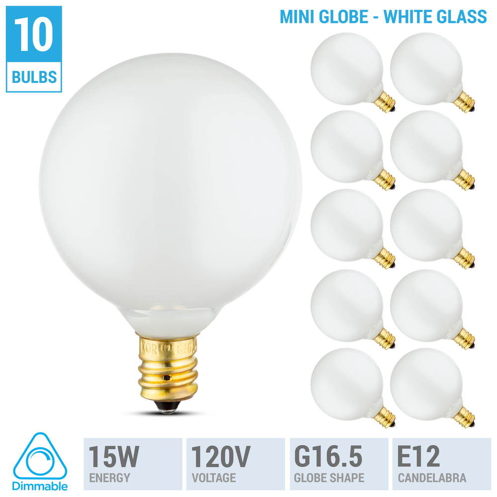 10 Pack Mini Decorative Globe Bulbs 120V 15W G16.5 Candelabra E12 Base White