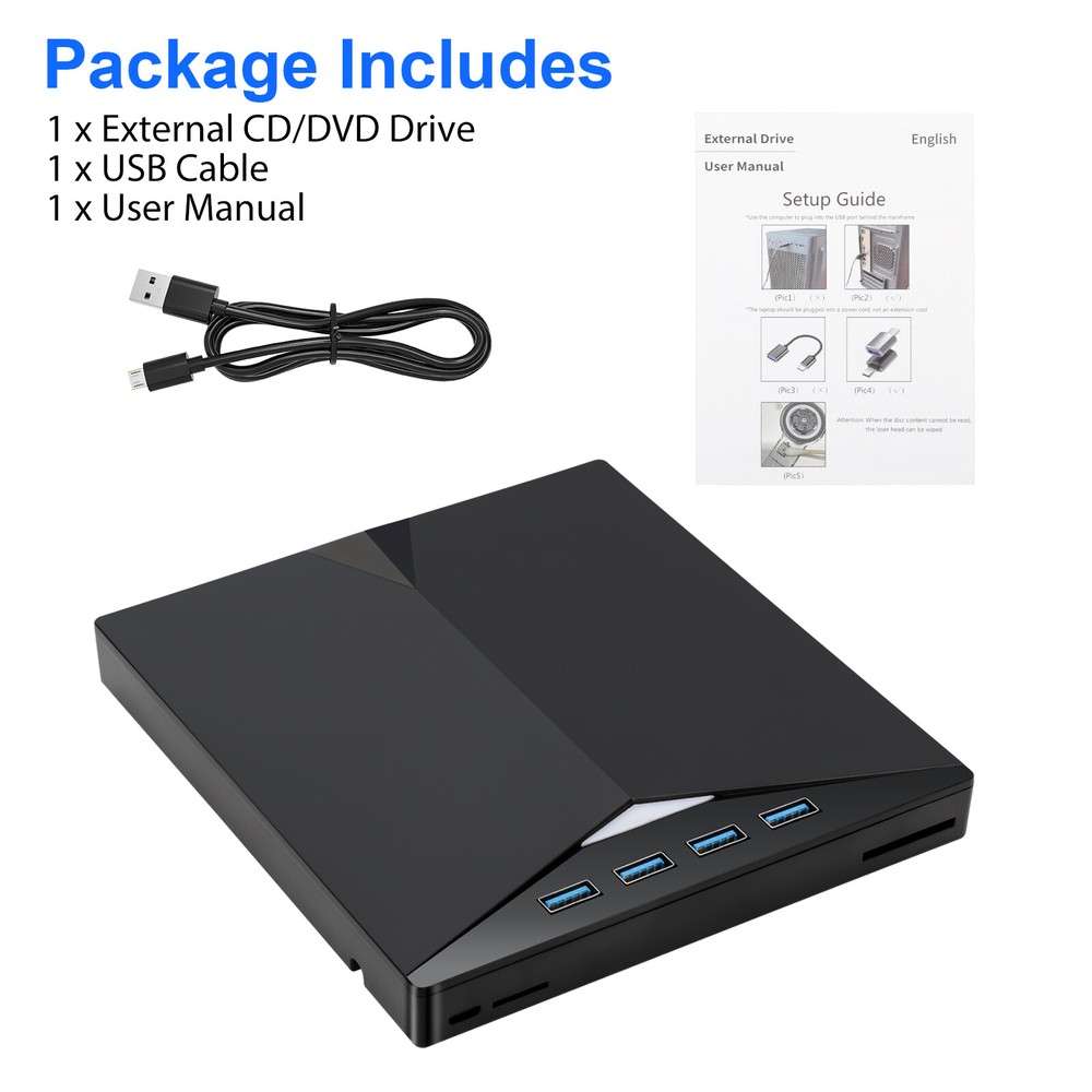 USB 3.0 External CD DVD Writer Drive Burner Reader Player for Windows 7/8/10/11