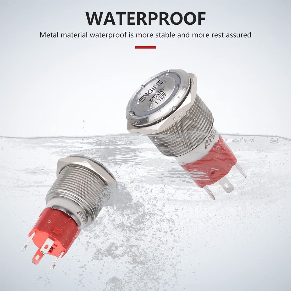 APIELE Push Start Ignition Switch, Off-(ON) Momentary, Silver Shell-Red