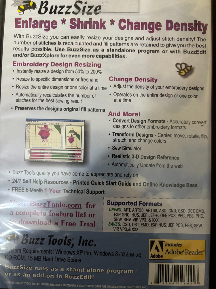 BUZZ TOOLS BUZZ SIZE MACHINE EMBROIDERY SOFTWARE ENLARGE,RESIZE,CHANGE DENSITY