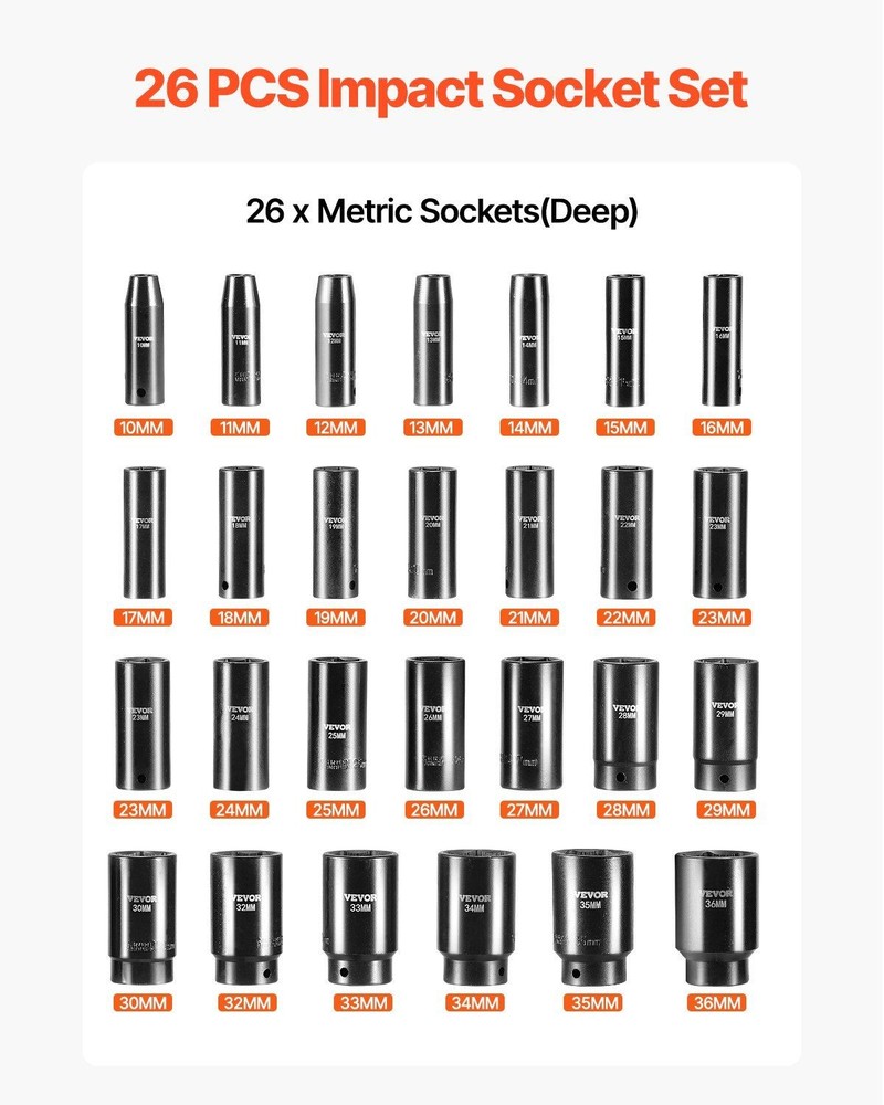 Deep 6-Point Impact Socket Set 26pc 1/2in Drive Chrome Vanadium 10-36mm
