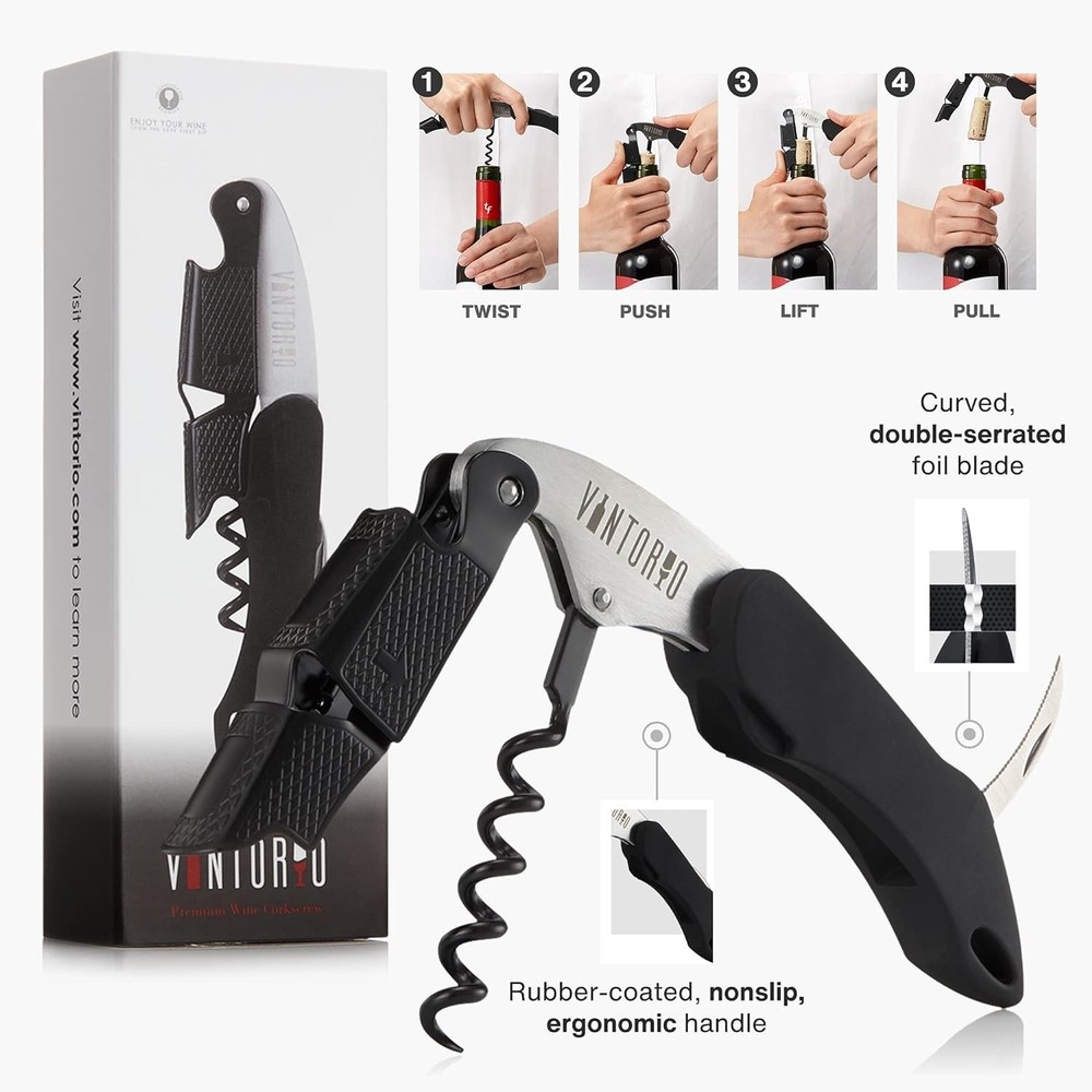 Vintorio Professional Waiters Corkscrew - Wine Key with Ergonomic Black