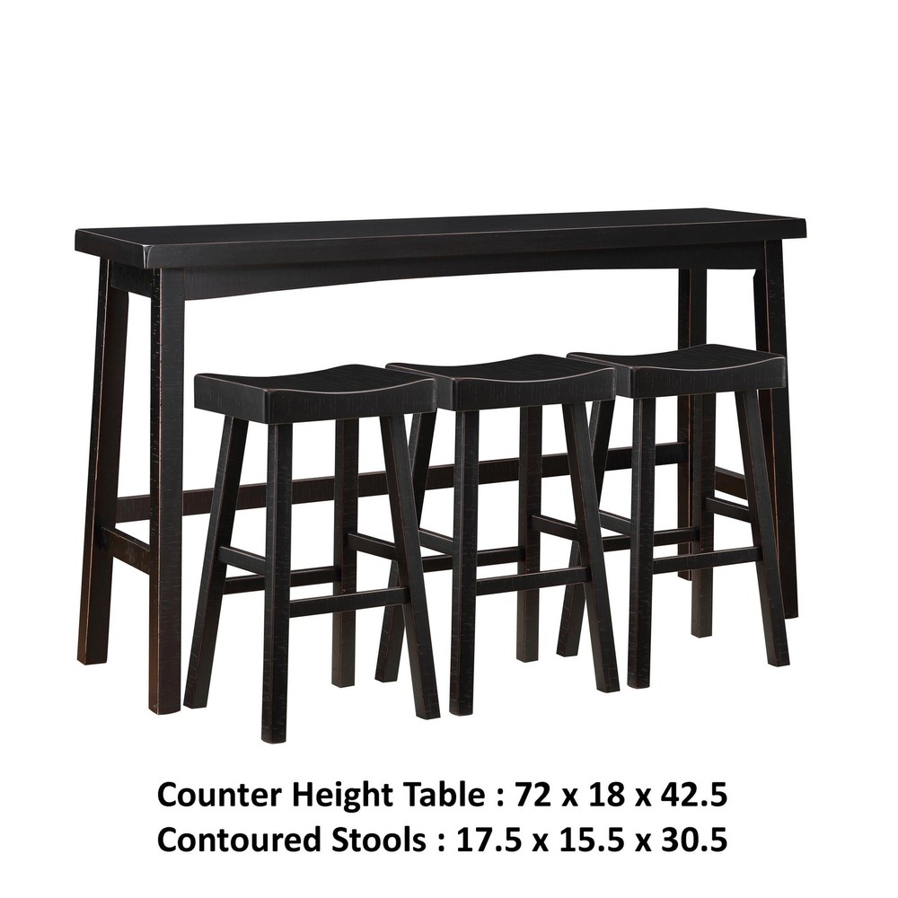 Casy 4pc Bar Height Table Set- 3 Contoured Stools- Black Rubberwood