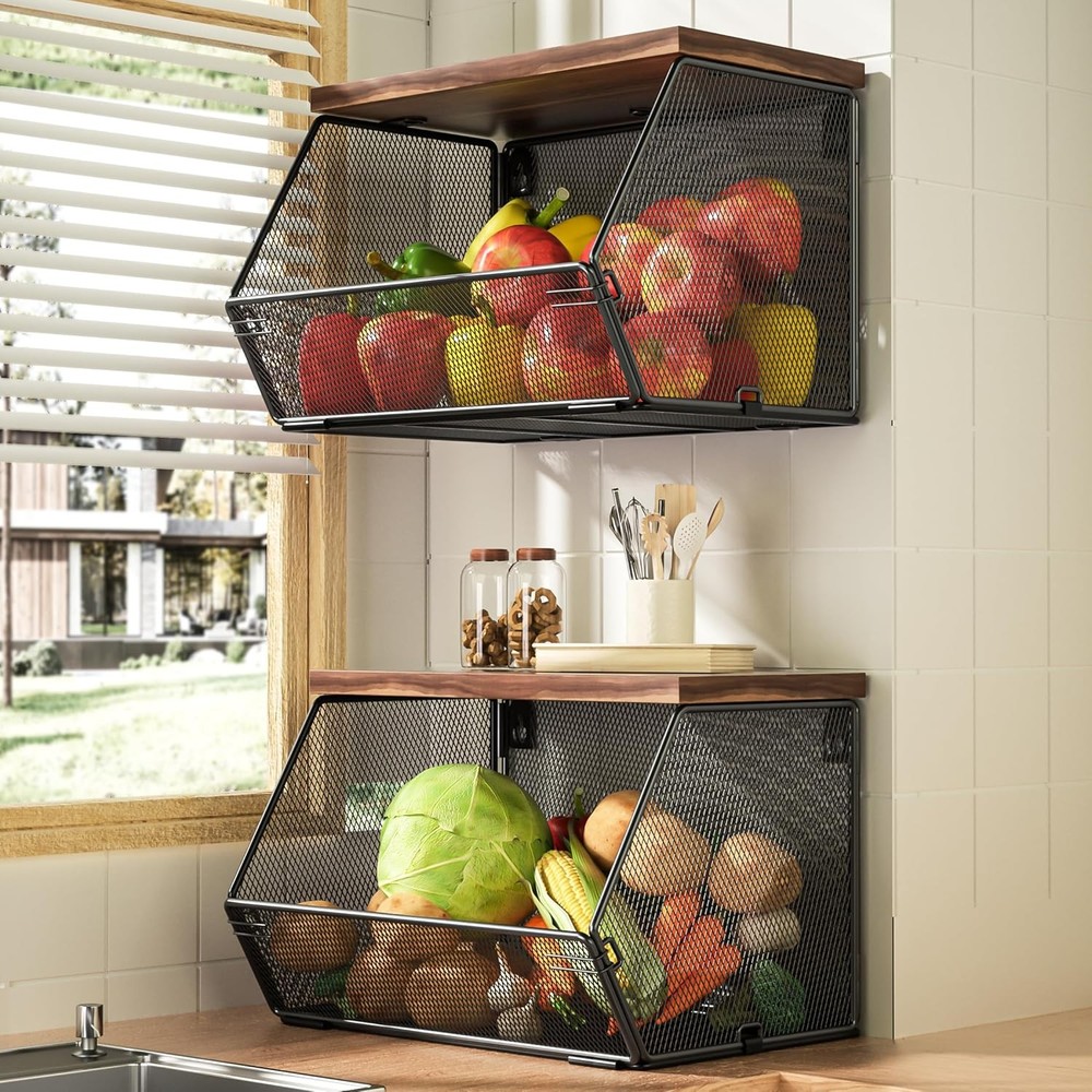 Stackable Fruit Basket for Kitchen Countertop Space Saving, Wall Mounted Mesh