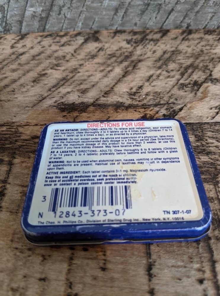 Vintage Phillips Magnesia Tablets Tin Container.