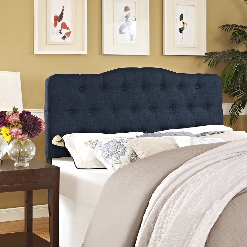 Modway Button Tufted Padded Upholstered Fabric Queen Size Headboard in Navy