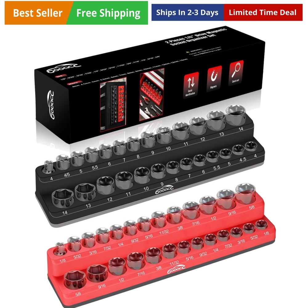 1/4" Magnetic Socket Organizer, 2 Pieces Socket Holder Metric SAE Socket Tray...