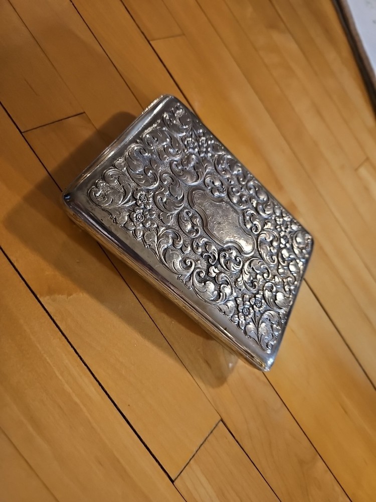 antique ornate  silver-plate table top cigarette Footed box stand holder