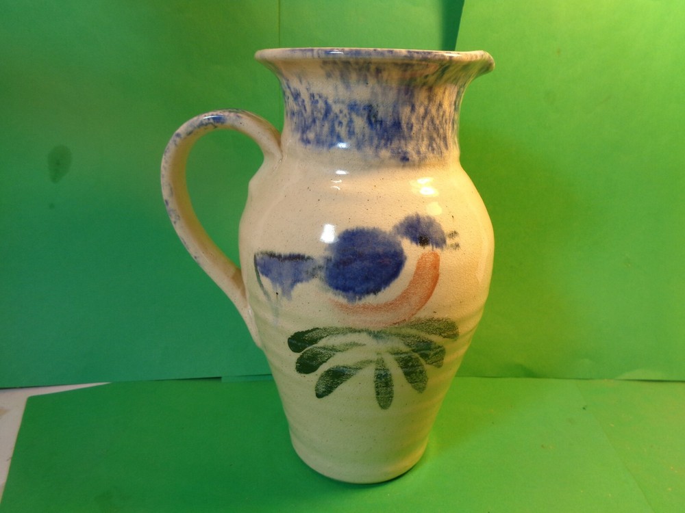 Studio Pottery 8 1/2" Pitcher, Bird Pattern, Signed (Used/EUC)